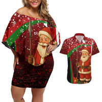 Kenya Christmas Couples Matching Off Shoulder Short Dress and Hawaiian Shirt with Santa Claus Spear and Red Green Harambee Crest - Wonder Print Shop