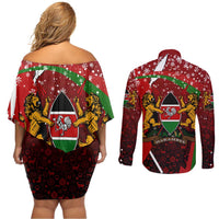 Kenya Christmas Couples Matching Off Shoulder Short Dress and Long Sleeve Button Shirt with Santa Claus Spear and Red Green Harambee Crest - Wonder Print Shop