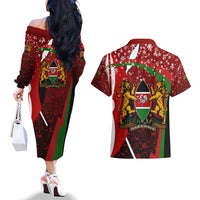 Kenya Christmas Couples Matching Off The Shoulder Long Sleeve Dress and Hawaiian Shirt with Santa Claus Spear and Red Green Harambee Crest - Wonder Print Shop