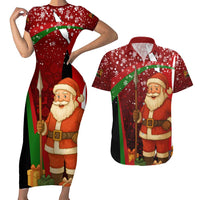 Kenya Christmas Couples Matching Short Sleeve Bodycon Dress and Hawaiian Shirt with Santa Claus Spear and Red Green Harambee Crest - Wonder Print Shop
