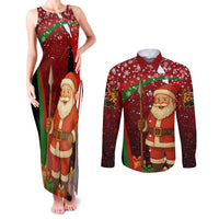 Kenya Christmas Couples Matching Tank Maxi Dress and Long Sleeve Button Shirt with Santa Claus Spear and Red Green Harambee Crest - Wonder Print Shop