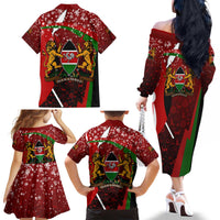 Kenya Christmas Family Matching Off The Shoulder Long Sleeve Dress and Hawaiian Shirt with Santa Claus Spear and Red Green Harambee Crest - Wonder Print Shop