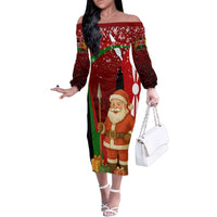 Kenya Christmas Family Matching Off The Shoulder Long Sleeve Dress and Hawaiian Shirt with Santa Claus Spear and Red Green Harambee Crest - Wonder Print Shop