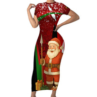Kenya Christmas Family Matching Short Sleeve Bodycon Dress and Hawaiian Shirt with Santa Claus Spear and Red Green Harambee Crest - Wonder Print Shop