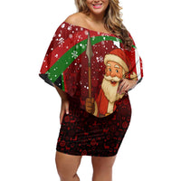Kenya Christmas Off Shoulder Short Dress with Santa Claus Spear and Red Green Harambee Crest - Wonder Print Shop