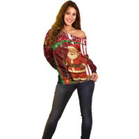 Kenya Christmas Off Shoulder Sweater with Santa Claus Spear and Red Green Harambee Crest - Wonder Print Shop