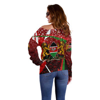 Kenya Christmas Off Shoulder Sweater with Santa Claus Spear and Red Green Harambee Crest - Wonder Print Shop