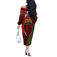 Kenya Christmas Off The Shoulder Long Sleeve Dress with Santa Claus Spear and Red Green Harambee Crest - Wonder Print Shop