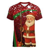 Kenya Christmas Women V-Neck T-Shirt with Santa Claus Spear and Red Green Harambee Crest - Wonder Print Shop