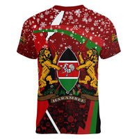 Kenya Christmas Women V-Neck T-Shirt with Santa Claus Spear and Red Green Harambee Crest - Wonder Print Shop