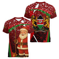 Kenya Christmas Women V-Neck T-Shirt with Santa Claus Spear and Red Green Harambee Crest - Wonder Print Shop