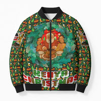 Kenya Christmas Bomber Puffer Jacket with Santa Feast Scene and Festive Wreath Pattern - Wonder Print Shop