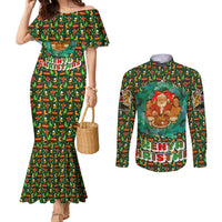 Kenya Christmas Couples Matching Mermaid Dress and Long Sleeve Button Shirt with Santa Feast Scene and Festive Wreath Pattern - Wonder Print Shop
