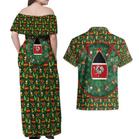 Kenya Christmas Couples Matching Off Shoulder Maxi Dress and Hawaiian Shirt with Santa Feast Scene and Festive Wreath Pattern - Wonder Print Shop