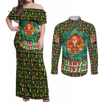 Kenya Christmas Couples Matching Off Shoulder Maxi Dress and Long Sleeve Button Shirt with Santa Feast Scene and Festive Wreath Pattern - Wonder Print Shop