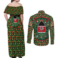 Kenya Christmas Couples Matching Off Shoulder Maxi Dress and Long Sleeve Button Shirt with Santa Feast Scene and Festive Wreath Pattern - Wonder Print Shop