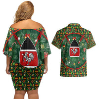 Kenya Christmas Couples Matching Off Shoulder Short Dress and Hawaiian Shirt with Santa Feast Scene and Festive Wreath Pattern - Wonder Print Shop
