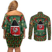 Kenya Christmas Couples Matching Off Shoulder Short Dress and Long Sleeve Button Shirt with Santa Feast Scene and Festive Wreath Pattern - Wonder Print Shop