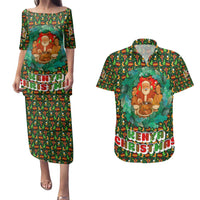 Kenya Christmas Couples Matching Puletasi and Hawaiian Shirt with Santa Feast Scene and Festive Wreath Pattern - Wonder Print Shop