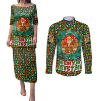 Kenya Christmas Couples Matching Puletasi and Long Sleeve Button Shirt with Santa Feast Scene and Festive Wreath Pattern - Wonder Print Shop