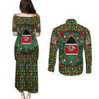Kenya Christmas Couples Matching Puletasi and Long Sleeve Button Shirt with Santa Feast Scene and Festive Wreath Pattern - Wonder Print Shop