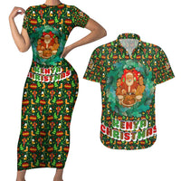 Kenya Christmas Couples Matching Short Sleeve Bodycon Dress and Hawaiian Shirt with Santa Feast Scene and Festive Wreath Pattern - Wonder Print Shop