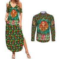 Kenya Christmas Couples Matching Summer Maxi Dress and Long Sleeve Button Shirt with Santa Feast Scene and Festive Wreath Pattern - Wonder Print Shop