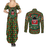 Kenya Christmas Couples Matching Summer Maxi Dress and Long Sleeve Button Shirt with Santa Feast Scene and Festive Wreath Pattern - Wonder Print Shop