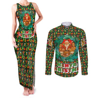 Kenya Christmas Couples Matching Tank Maxi Dress and Long Sleeve Button Shirt with Santa Feast Scene and Festive Wreath Pattern - Wonder Print Shop