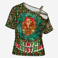 Kenya Christmas Cross Shoulder Shirt with Santa Feast Scene and Festive Wreath Pattern - Wonder Print Shop