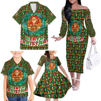 Kenya Christmas Family Matching Off The Shoulder Long Sleeve Dress and Hawaiian Shirt with Santa Feast Scene and Festive Wreath Pattern - Wonder Print Shop