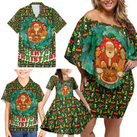 Kenya Christmas Family Matching Off Shoulder Short Dress and Hawaiian Shirt with Santa Feast Scene and Festive Wreath Pattern - Wonder Print Shop