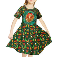 Kenya Christmas Kid Short Sleeve Dress with Santa Feast Scene and Festive Wreath Pattern - Wonder Print Shop