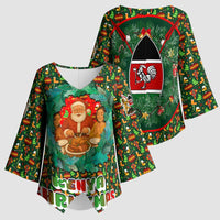 Kenya Christmas Kimono Sleeve Blouse with Santa Feast Scene and Festive Wreath Pattern - Wonder Print Shop