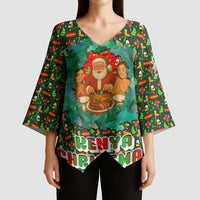 Kenya Christmas Kimono Sleeve Blouse with Santa Feast Scene and Festive Wreath Pattern - Wonder Print Shop