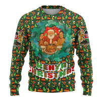 Kenya Christmas Ugly Christmas Sweater with Santa Feast Scene and Festive Wreath Pattern - Wonder Print Shop