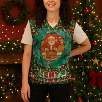 Kenya Christmas Knitted V-Neck Vest with Santa Feast Scene and Festive Wreath Pattern - Wonder Print Shop