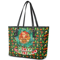 Kenya Christmas Leather Tote Bag with Santa Feast Scene and Festive Wreath Pattern - Wonder Print Shop