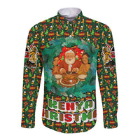 Kenya Christmas Long Sleeve Button Shirt with Santa Feast Scene and Festive Wreath Pattern - Wonder Print Shop