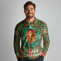 Kenya Christmas Long Sleeve Polo Shirt with Santa Feast Scene and Festive Wreath Pattern - Wonder Print Shop