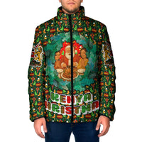 Kenya Christmas Padded Jacket with Santa Feast Scene and Festive Wreath Pattern - Wonder Print Shop