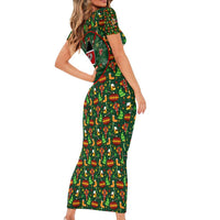 Kenya Christmas Short Sleeve Bodycon Dress with Santa Feast Scene and Festive Wreath Pattern - Wonder Print Shop