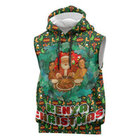 Kenya Christmas Sleeveless Hoodie with Santa Feast Scene and Festive Wreath Pattern - Wonder Print Shop