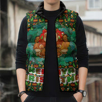 Kenya Christmas Sleeveless Puffer Jacket with Santa Feast Scene and Festive Wreath Pattern - Wonder Print Shop