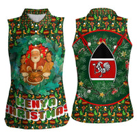 Kenya Christmas Women Sleeveless Polo Shirt with Santa Feast Scene and Festive Wreath Pattern - Wonder Print Shop