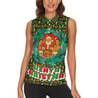 Kenya Christmas Women Sleeveless Polo Shirt with Santa Feast Scene and Festive Wreath Pattern - Wonder Print Shop