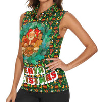 Kenya Christmas Women Sleeveless Polo Shirt with Santa Feast Scene and Festive Wreath Pattern - Wonder Print Shop