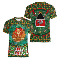 Kenya Christmas Women V-Neck T-Shirt with Santa Feast Scene and Festive Wreath Pattern - Wonder Print Shop
