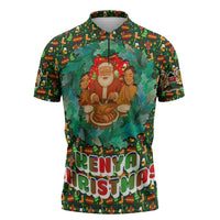 Kenya Christmas Zipper Polo Shirt with Santa Feast Scene and Festive Wreath Pattern - Wonder Print Shop