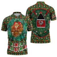 Kenya Christmas Zipper Polo Shirt with Santa Feast Scene and Festive Wreath Pattern - Wonder Print Shop